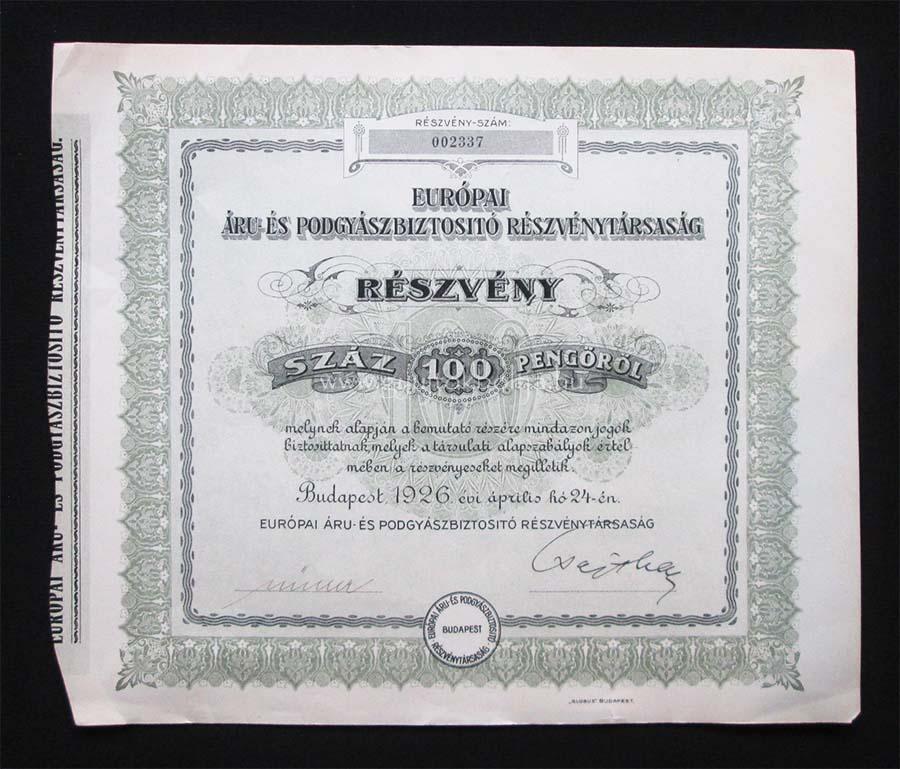 Európai Áru- és Podgyászbiztosító részvény 100 pengő 1926